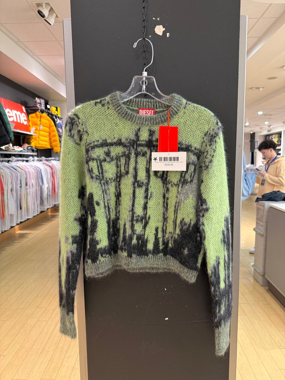 Women's Diesel M-Symi Maglia Cropped Mohair Crewneck Sweater Green Tromp L'oeil